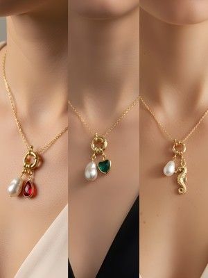 NKT Collection Deniz Atı Zümrüt Yeşili Kalp Kırmızı Damla Incili Kolye