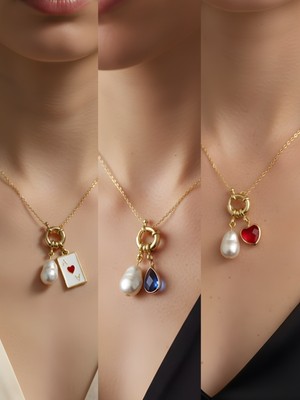 NKT Collection Kırmızı Kalp Mavi Damla Kupa As Incili Kolye