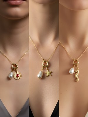 NKT Collection Deniz Atı Deniz Yıldızı Ay Güneş Incili Kolye