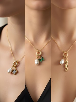 NKT Collection Deniz Atı Zümrüt Yeşili Kelebek Siyah Yonca Incili Kolye