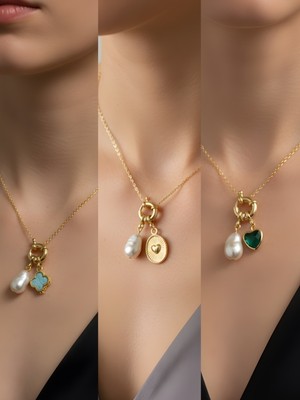 NKT Collection Zümrüt Yeşili Kalp Kabartma Kalp Turkuaz Yonca Incili Kolye