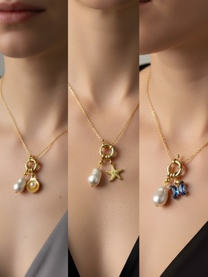 NKT Collection Mavi Kelebek Deniz Yıldızı Midye Incili Kolye