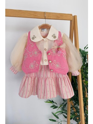Miniğimin Cicileri Vintage Nakış Detaylı Yelekli Kız Çocuk Elbise Takımı - Pembe