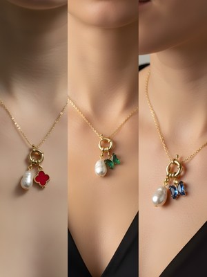 NKT Collection Mavi Kelebek Zümrüt Yeşili Kelebek Kırmızı Yonca Incili Kolye