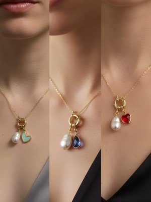 NKT Collection Kırmızı Kalp Mavi Damla Turkuaz Kalp Incili Kolye