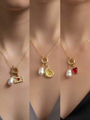NKT Collection Kırmızı Kalp Deniz Kabuğu Kalpli Zarf Incili Kolye