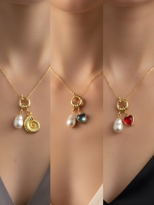 NKT Collection Kırmızı Kalp Turkuaz Kalp Deniz Kabuğu Incili Kolye