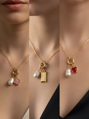 NKT Collection Kırmızı Kalp Külçe Altın Pembe Yonca Incili Kolye