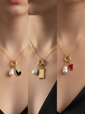 NKT Collection Kırmızı Kalp Siyah Kalp Külçe Altın Incili Kolye