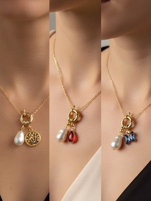 NKT Collection Mavi Kelebek Kırmızı Damla Hayat Ağacı Incili Kolye