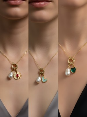 NKT Collection Zümrüt Yeşili Kalp Ay Güneş Turkuaz Kalp Incili Kolye