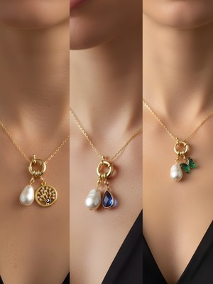 NKT Collection Mavi Damla Zümrüt Yeşili Kelebek Hayat Ağacı Incili Kolye