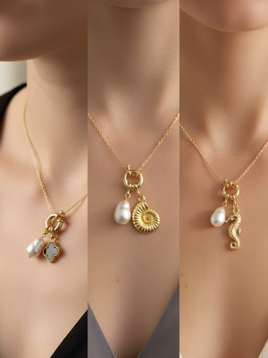 NKT Collection Deniz Atı Deniz Kabuğu Siyah Yonca Incili Kolye