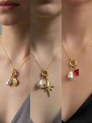 NKT Collection Kırmızı Kalp Midye Kutup Yıldızı Incili Kolye