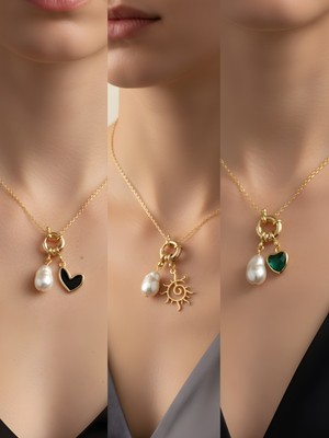 NKT Collection Zümrüt Yeşili Kalp Güneş Siyah Kalp Incili Kolye