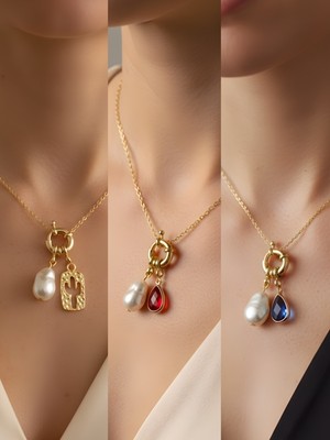 NKT Collection Mavi Damla Kırmızı Damla Kaktüs Incili Kolye