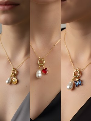 NKT Collection Kırmızı Kalp Mavi Kelebek Midye Incili Kolye