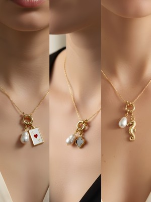 NKT Collection Deniz Atı Siyah Yonca Kupa As Incili Kolye