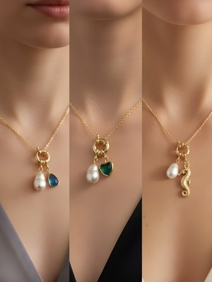 NKT Collection Deniz Atı Zümrüt Yeşili Kalp Turkuaz Damla Incili Kolye