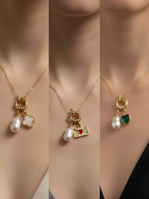 NKT Collection Zümrüt Yeşili Kalp Kalpli Zarf Beyaz Yonca Incili Kolye