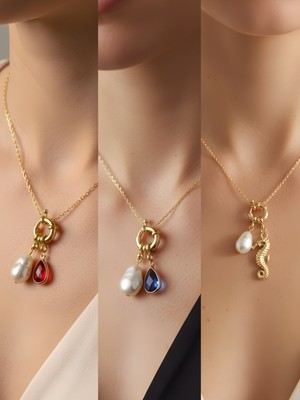 NKT Collection Deniz Atı Mavi Damla Kırmızı Damla Incili Kolye