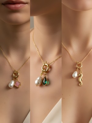 NKT Collection Deniz Atı Zümrüt Yeşili Damla Pembe Yonca Incili Kolye