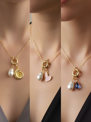 NKT Collection Mavi Damla Pembe Kalp Deniz Kabuğu Incili Kolye