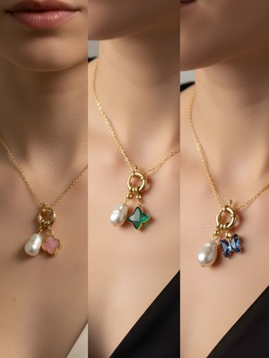 NKT Collection Mavi Kelebek Zümrüt Yeşili Yıldız Pembe Yonca Incili Kolye