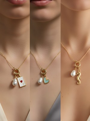 NKT Collection Deniz Atı Turkuaz Kalp Kupa As Incili Kolye