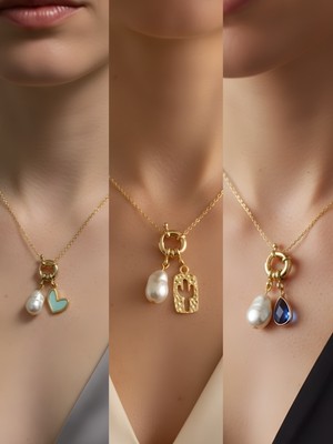 NKT Collection Mavi Damla Kaktüs Turkuaz Kalp Incili Kolye