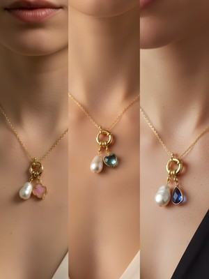 NKT Collection Mavi Damla Turkuaz Kalp Pembe Yonca Incili Kolye