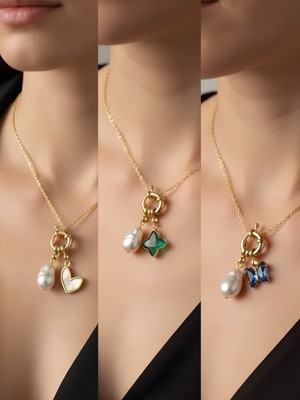 NKT Collection Mavi Kelebek Zümrüt Yeşili Yıldız Beyaz Kalp Incili Kolye