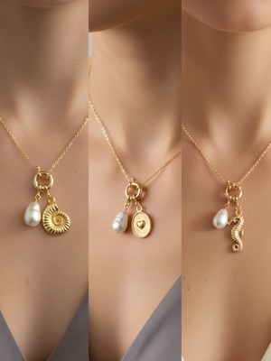 NKT Collection Deniz Atı Kabartma Kalp Deniz Kabuğu Incili Kolye