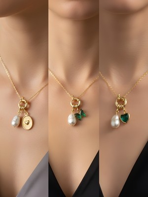 NKT Collection Zümrüt Yeşili Kalp Zümrüt Yeşili Kelebek Kabartma Kalp Incili Kolye