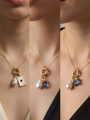 NKT Collection Mavi Kelebek Mavi Damla Kupa As Incili Kolye