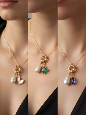 NKT Collection Mavi Damla Zümrüt Yeşili Yıldız Beyaz Kalp Incili Kolye