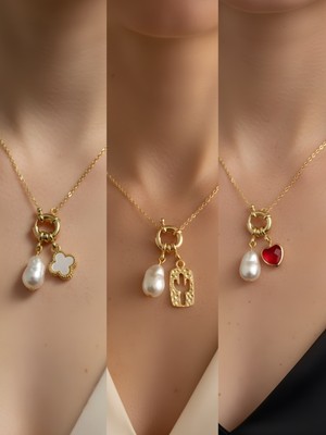 NKT Collection Kırmızı Kalp Kaktüs Beyaz Yonca Incili Kolye