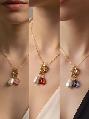 NKT Collection Mavi Damla Kırmızı Damla Pembe Yonca Incili Kolye