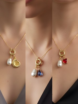 NKT Collection Kırmızı Kalp Mavi Damla Deniz Kabuğu Incili Kolye