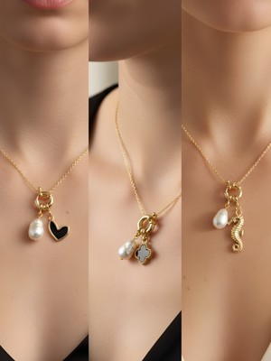 NKT Collection Deniz Atı Siyah Kalp Siyah Yonca Incili Kolye