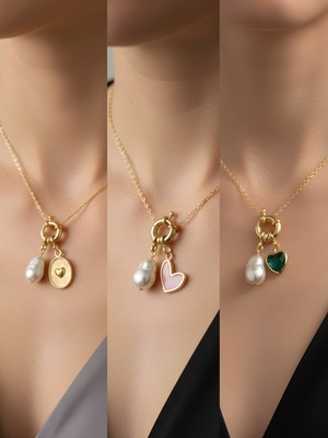 NKT Collection Zümrüt Yeşili Kalp Kabartma Kalp Pembe Kalp Incili Kolye