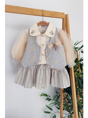 Miniğimin Cicileri Vintage Nakış Detaylı Yelekli Kız Çocuk Elbise Takımı - Gri