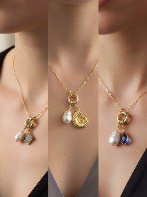 NKT Collection Mavi Damla Deniz Kabuğu Siyah Yonca Incili Kolye