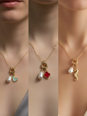 NKT Collection Deniz Atı Kırmızı Yonca Turkuaz Kalp Incili Kolye