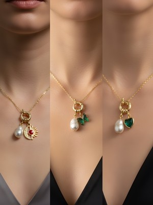NKT Collection Zümrüt Yeşili Kalp Zümrüt Yeşili Kelebek Ay Güneş Incili Kolye