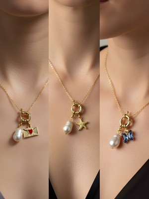 NKT Collection Mavi Kelebek Deniz Yıldızı Kalpli Zarf Incili Kolye