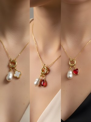 NKT Collection Kırmızı Kalp Kırmızı Damla Beyaz Yonca Incili Kolye