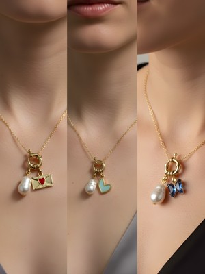 NKT Collection Mavi Kelebek Kalpli Zarf Turkuaz Kalp Incili Kolye