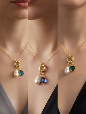 NKT Collection Zümrüt Yeşili Kalp Mavi Damla Turkuaz Damla Incili Kolye