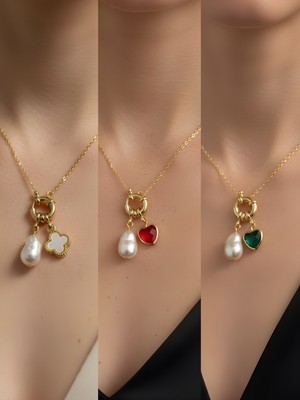 NKT Collection Zümrüt Yeşili Kalp Kırmızı Kalp Beyaz Yonca Incili Kolye